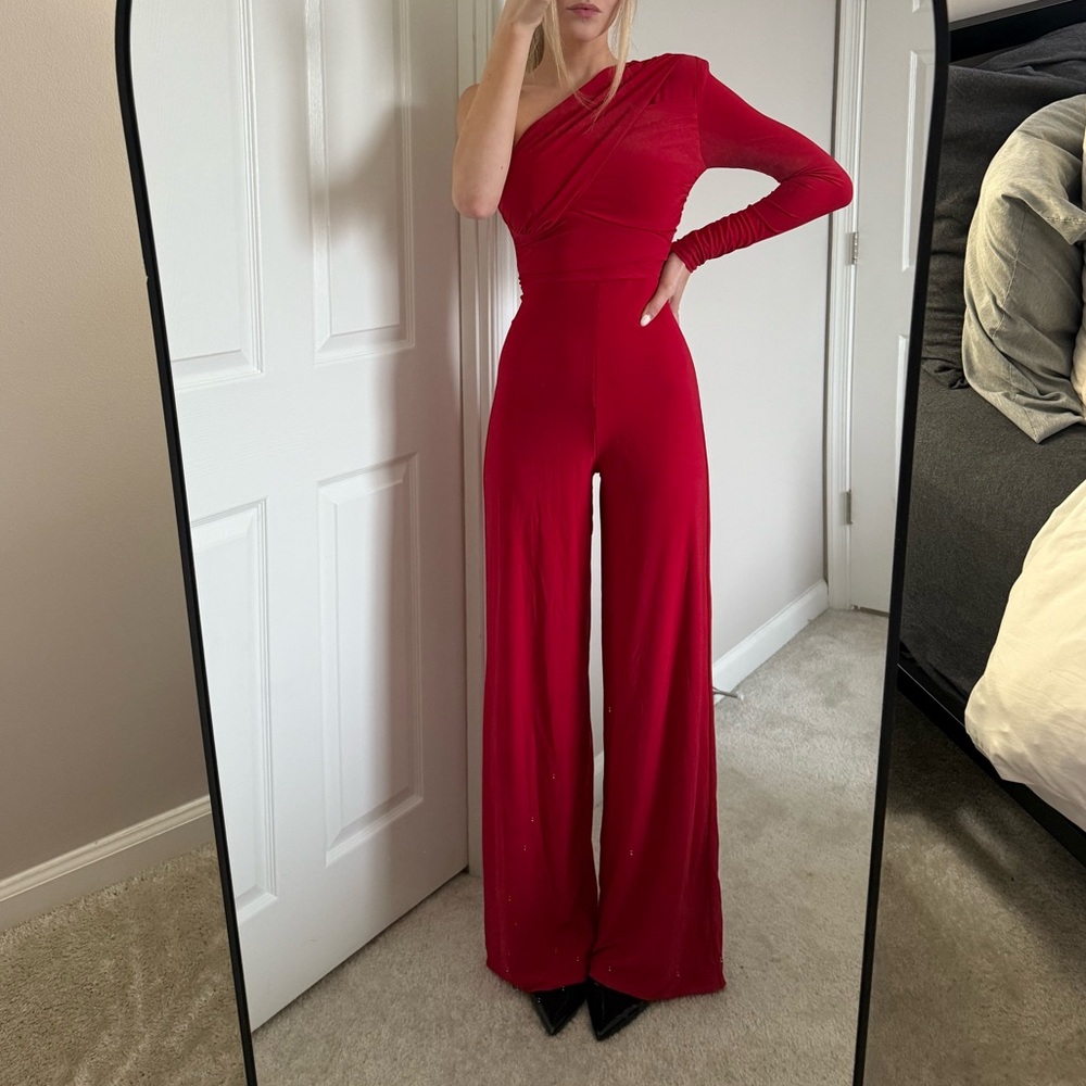 Club L London One-Shoulder Red Jumpsuit